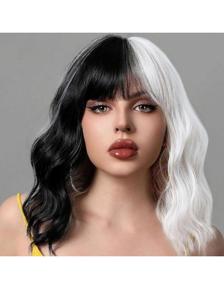 PERUKA WŁOSY KRÓTKIE CZARNO BIAŁE Z GRZYWKĄ KARNAWAŁ PARTY FOTOBUDKA PANIEŃSKI URODZINY