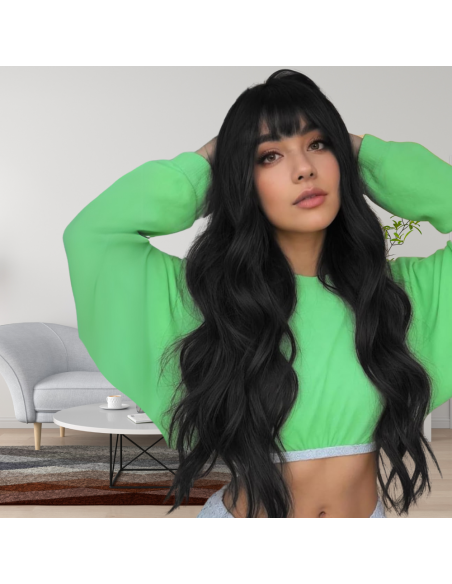 PERUKA WŁOSY DŁUGIE CZARNE Z GRZYWKĄ KARNAWAŁ PARTY FOTOBUDKA PANIEŃSKI URODZINY