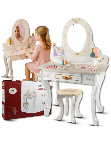 Drewniana toaletka z taboretem i akcesoriami  zabawka dla dzieci duży zestaw