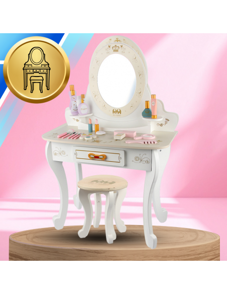 Drewniana toaletka z taboretem i akcesoriami  zabawka dla dzieci duży zestaw