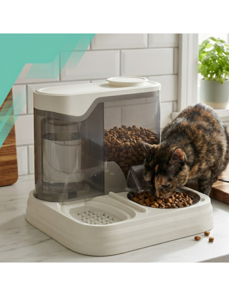 Automatyczny podajnik karmy dla kota + poidełko 2w1 dozownik karmy miska dla kota biała