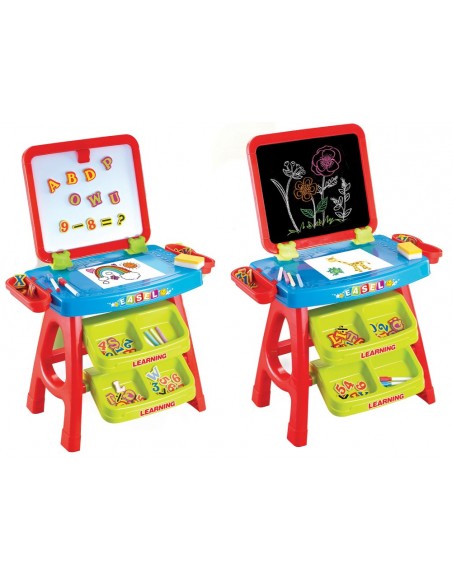 Stolik tablica dwustronna magnetyczno kredowa z akcesoriami czerwono niebieski