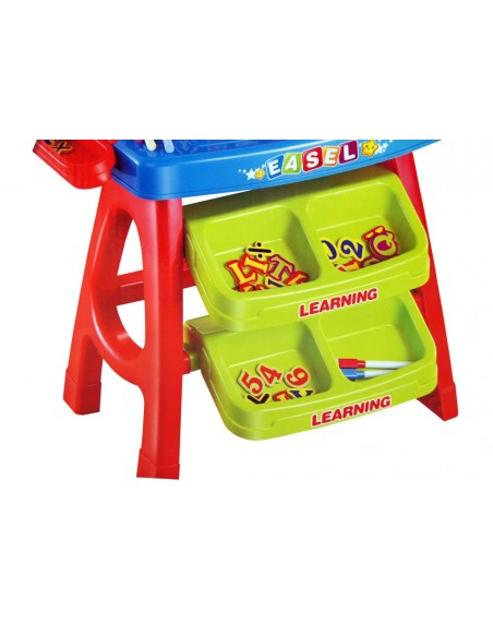 Stolik tablica dwustronna magnetyczno kredowa z akcesoriami czerwono niebieski