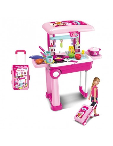 Kuchnia dla dzieci na kółkach z akcesoriami 2w1 walizka różowa