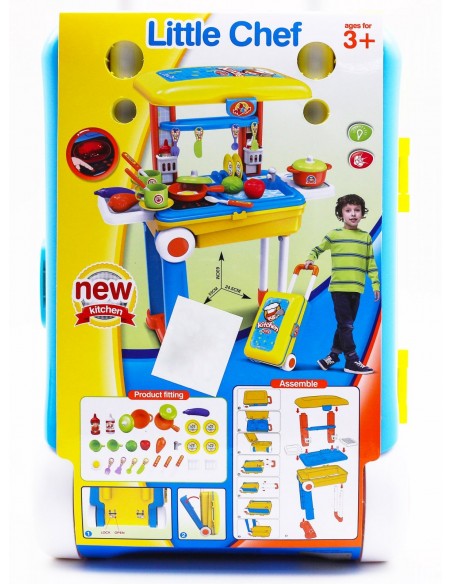 Kuchnia dla dzieci na kółkach z akcesoriami 2w1 walizka żółta