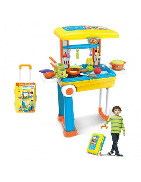 Kuchnia dla dzieci na kółkach z akcesoriami 2w1 walizka żółta