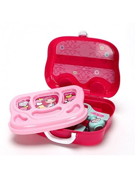 Toaletka dla dziewczynki z kosmetykami i przyborami w walizce z kółkami