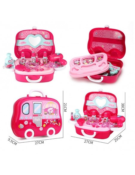 Toaletka dla dziewczynki z kosmetykami i przyborami w walizce z kółkami