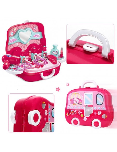 Toaletka dla dziewczynki z kosmetykami i przyborami w walizce z kółkami