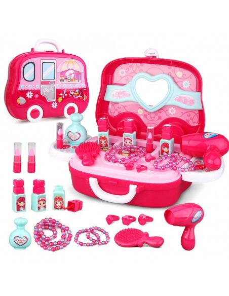 Toaletka dla dziewczynki z kosmetykami i przyborami w walizce z kółkami