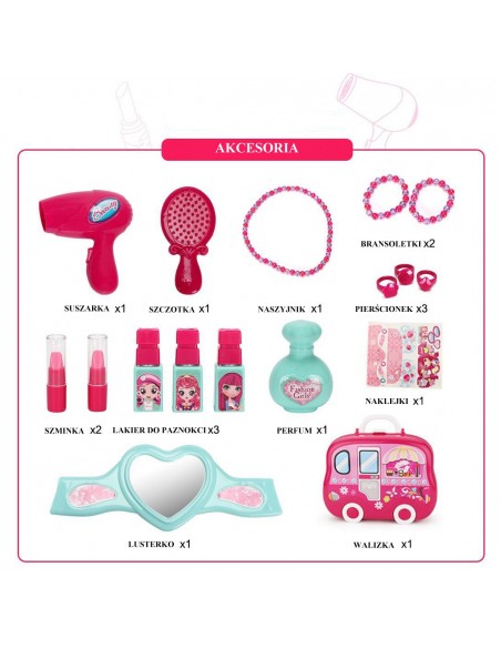 Toaletka dla dziewczynki z kosmetykami i przyborami w walizce z kółkami