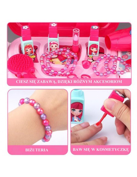 Toaletka dla dziewczynki z kosmetykami i przyborami w walizce z kółkami