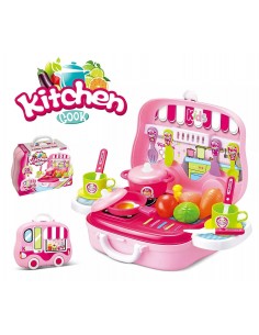 Kuchnia dla dzieci z akcesoriami walizka różowa autko