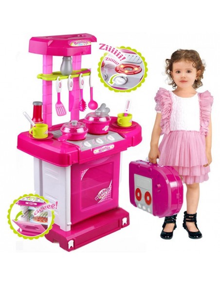 Kuchnia dla dzieci z dźwiękiem z akcesoriami walizka różowa