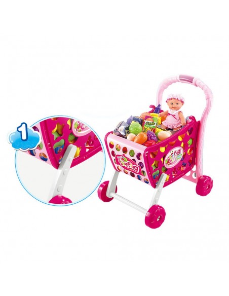 Koszyk wózek na zakupy z owocami warzywami różowy