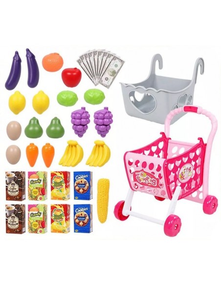 Koszyk wózek na zakupy z owocami warzywami różowy