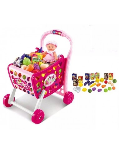 Koszyk wózek na zakupy z owocami warzywami różowy