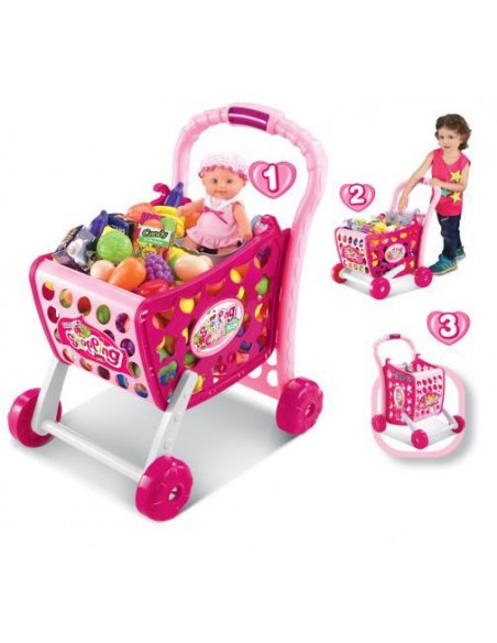 Koszyk wózek na zakupy z owocami warzywami różowy