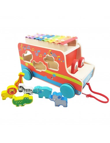 Samochód do ciągania z cymbałkami i zwierzątkami