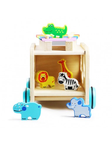 Samochód do ciągania z cymbałkami i zwierzątkami