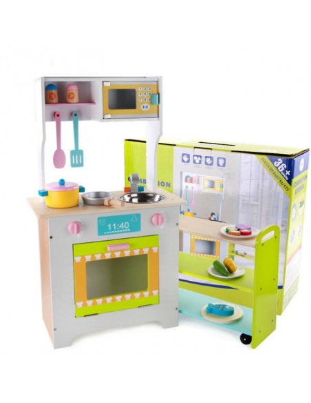 Duża Drewniana kuchnia z akcesoriami z wózkiem i akcesoriami