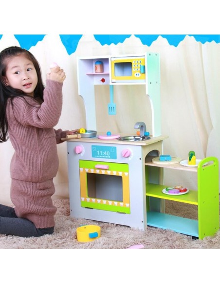 Duża Drewniana kuchnia z akcesoriami z wózkiem i akcesoriami