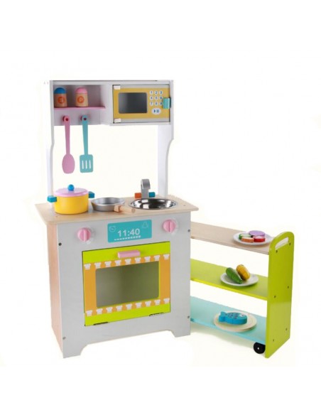 Duża Drewniana kuchnia z akcesoriami z wózkiem i akcesoriami