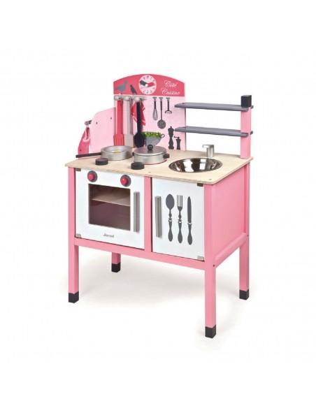 Drewniana kuchnia z akcesoriami różowa