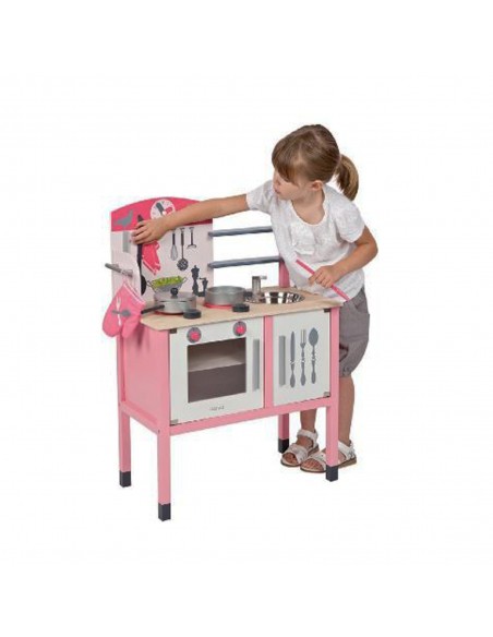 Drewniana kuchnia z akcesoriami różowa